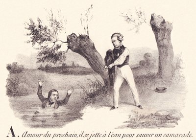 A: Love of neighbor, he throws himself into the water to save a comrade by French School