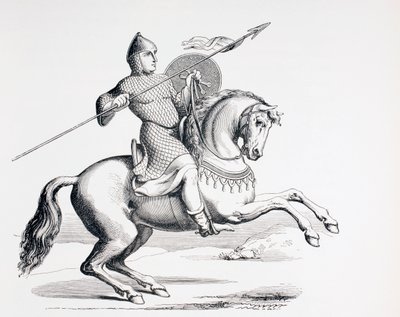 A Norman Knight dressed in Chain Mail and Helmet carrying Spear and Shield by French School