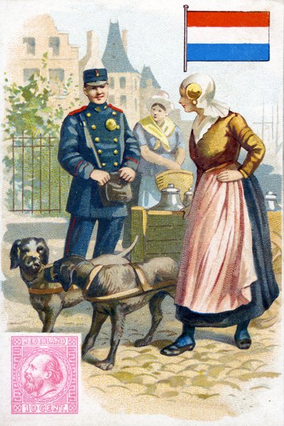 A Postman in Holland talking to a woman delivering milk in a dogcart, late 19th century by French School