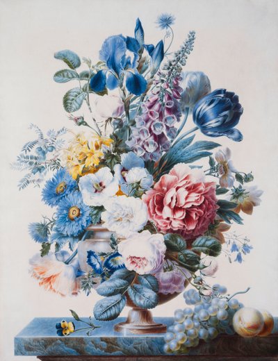 A Vase of Flowers on a Ledge with Grapes and Peaches by French School