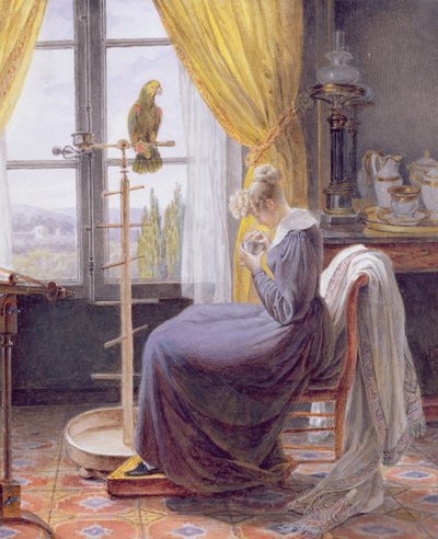 A Woman Feeding a Parrot in an Interior by French School