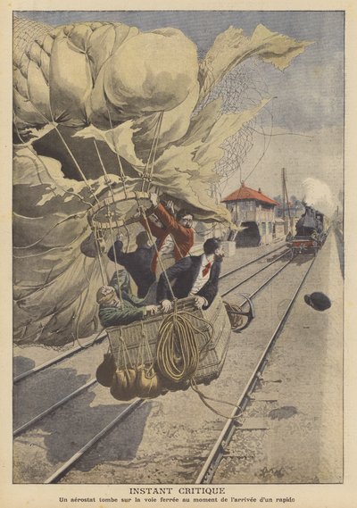 A balloon landing on a railway line in the path of an approaching express train by French School