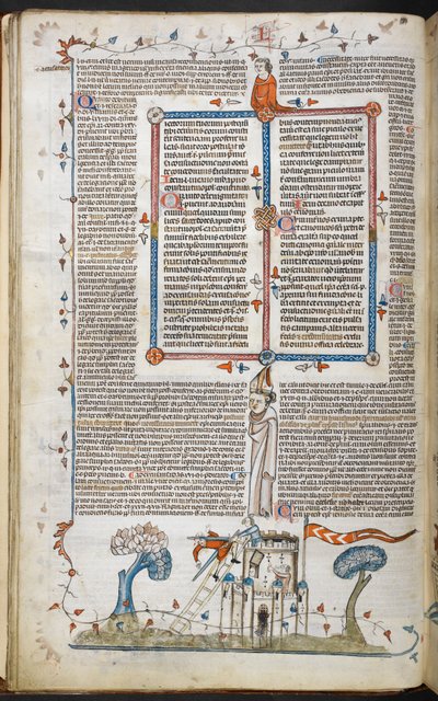 A bas-de-page scene of a man attempting to invade a castle, being killed by one of the defenders, from the Smithfield Decretals by French School