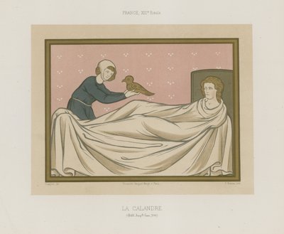 A figure presenting a bird to a person laying in bed by French School