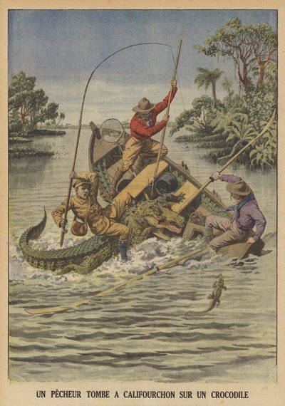 A Fisherman Falling Astride a Crocodile After It Capsized His Boat by French School