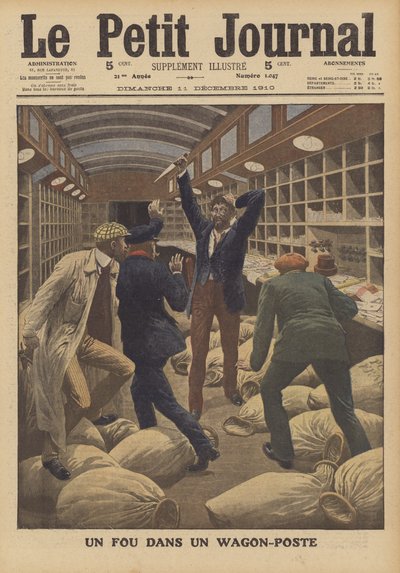 A madman in a mail carriage on a train arriving in Paris by French School