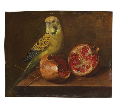 A Parakeet and a Pomegranate on a Ledge by French School