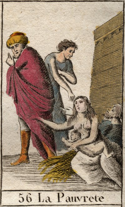 Representation of Poverty, barefoot and clothed in shards, sitting on straw. From “Mythology of Youth” by Pierre Blanchard 1803. by French School