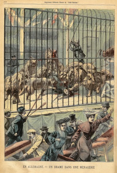 A tamer gets devoured by her lions in a menagerie in Dessau, Germany. Engraving in 