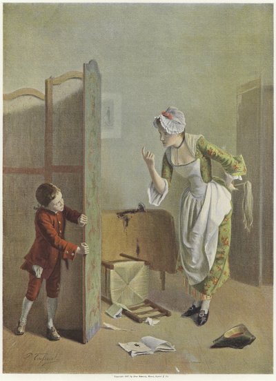 A Young Boy Hides Nervously Behind a Screen as a Young Woman Attempts to Coax Him Out by French School