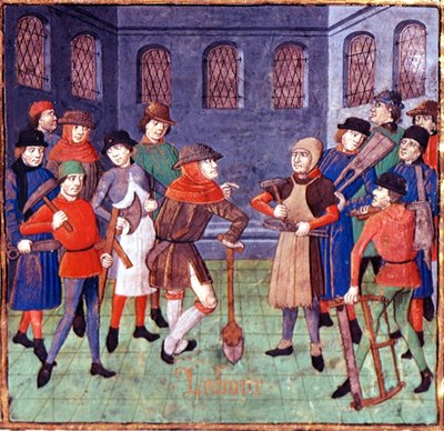 Workmen with tools, (detail) from dedicatory prologue to the Duc de Berry in 