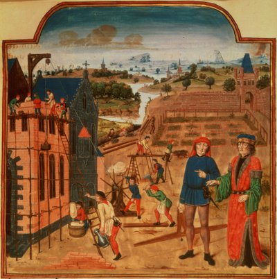 Construction of a Garden House with Formal Gardens and Landscape, from Livre des Prouffits Champetres et Ruraulx by French School