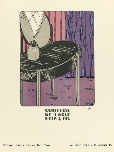 Advertisement for "Black & Gold Lacquer Dressing Table", published 1921 by French School