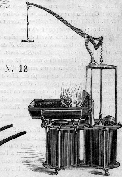Agricultural machine: a double wind piston forge presented at the Paris agricultural competition in 1860. Engraving in Le Monde Illustré n°172 of 28 July 1860. by French School