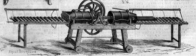 Agricultural machine: a machine for making drainage pipes presented at the 1860 Agricultural Exhibition in Paris. Engraving in 