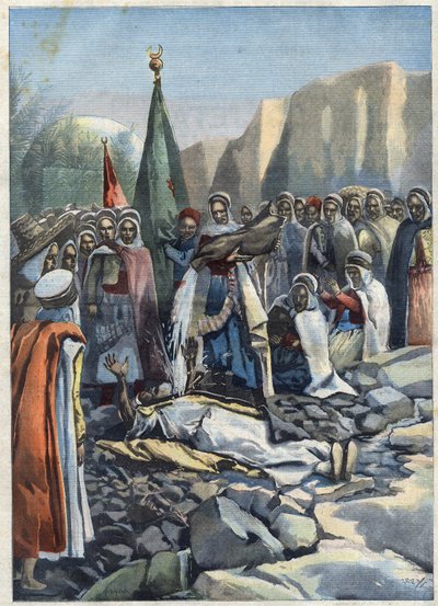 Algerian dry: a marabout lies on the ground and asks Allah for rain, in 