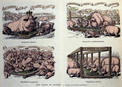 Allegories of the different types of government: the absolute monarchy, representing a well-fed pig and crowns 