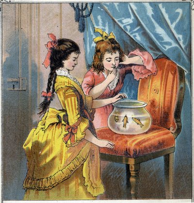 Amelie and Emma have two pretty goldfish in a jar. They feed them on a routine basis. Chromolithography from 