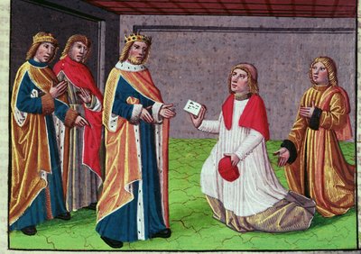 An Emissary of Pope Adrian I Pleading with Charlemagne to Defend Rome Against the Lombard King Desiderio, Miniature from 