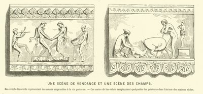 Ancient Roman bas-reliefs depicting a grape harvest and a scene in the fields by French School