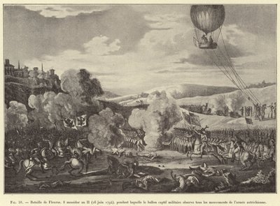 Battle of Fleurus, 8 Messidor Year II (June 26, 1794), during which the captive military balloon observed all movements of the Austrian army (engraving) by French School