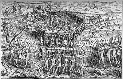 Battle between the French army of Samuel de Champlain and the Iroquois. Canada, early 17th century. Engraving in La Marine et les colonies: commerce by French School