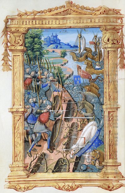 Battle scene between archers and cavalry, with castle and ships, c.1495-1500 by French School