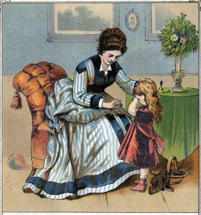 Berthe is crying because she just poked her finger while doing sewing work. Her mother scolds her for forgetting to use the sewing. Chromolithography taken from 