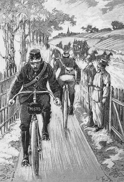 Bicycle Path for Factors: Swift Project Track by M. Berruyer - in "Theoretical and Practical Cycling" by L. Baudry de Saunier, Engraving, Bibl. de la Ville de Paris. by French School