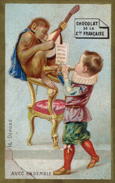 Boy and monkey playing musical instruments together by French School