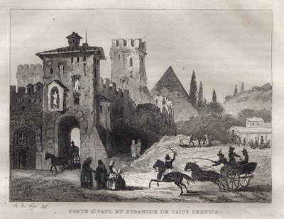Caius Cestius Pyramid and Gate of St. Paul in Rome - Engraving from 