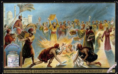 Caliph Omar burns the library of Alexandria - Liebig advertising vignette by French School