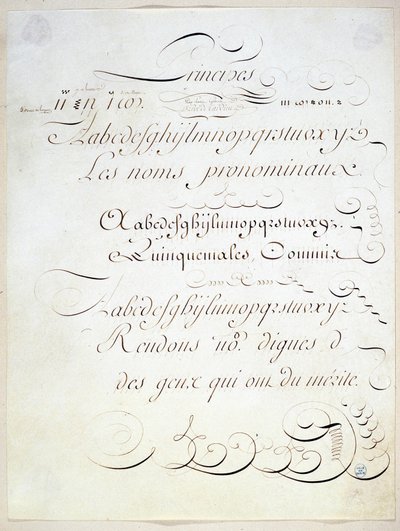 Calligraphy: Manuscript piece representing the principle of three French writings, towards the end of the 18th century by Andre Tardieu by French School