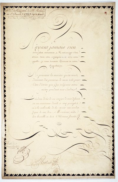 Calligraphy: Reception piece dated 1737 by Andre Francois Roland by French School