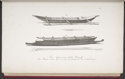 Canoes of the Marshall Islands, and a canoe and weapons of the Cook Islands, from Voyage pittoresque autour du monde, avec des portraits de sauvages d