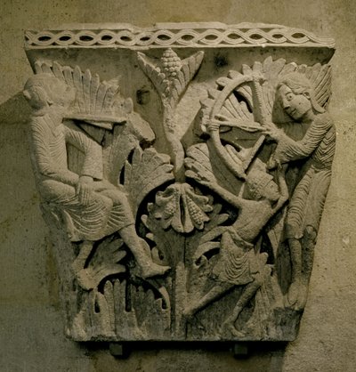 Capital Depicting a Man Shooting an Arrow into the Neck of Another by French School