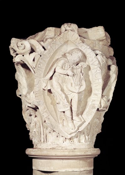 Capital depicting the Third Key of Plainsong with a lute player, c.1095 by French School