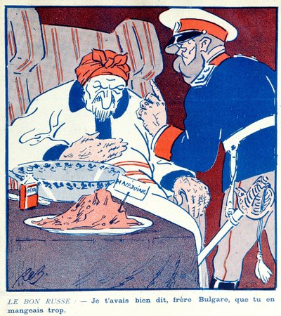 Cartoon criticising the greedy behaviour of Bulgaria over the partition of Macedonia during the Balkan Wars 1912-13 by French School