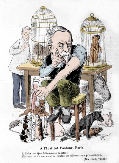 Cartoon representation of scientist Louis Pasteur, inventor of the vaccine against rabies, vaccinating himself against Prussian decorations. Published in 