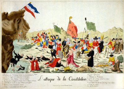 Cartoon showing members of various groups attacking a rock, identified as 