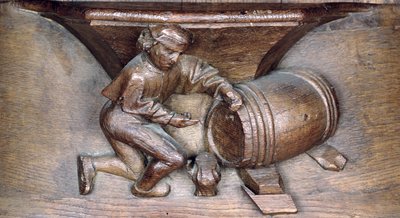 Carving depicting a man putting a tap on a barrel, from a choir stall from the Abbey of St. Lucien in Beauvais by French School