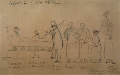 Charcot and his students: patient Genevieve in a camisole, Doctor Desire Magloire Bourneville with a thermometer, Jean Martin Charcot, Raymond and Brissaud, Me Tirperme and Charles Fere. Holy Queen Room, Salpetriere Hospital by French School