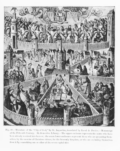 City of God according to St. Augustine, from a manuscript translated by Raoul de Presles, illustration from Science and Literature of the Middle Ages and the Renaissance, written and engraved by Paul Lacroix by French School