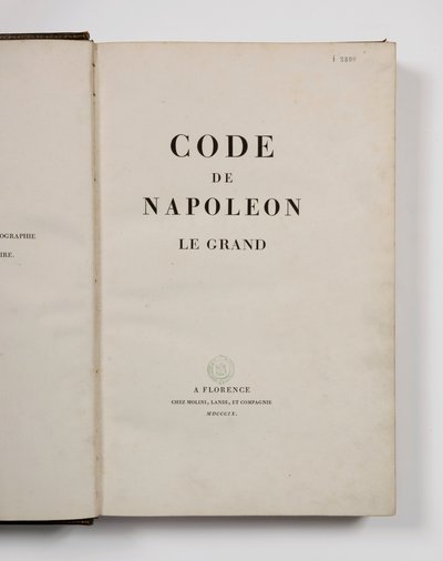 Code of Napoleon the Great, open at the titlepage, published Florence, Molini, Landi et Cie, 1809 by French School