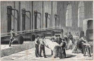 Compressor apparatus using compressed air for the drilling of the Mont Cenis tunnel as suggested by Jean Daniel Colladon - Engraving in 