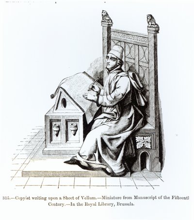 Copyist Writing upon a Sheet of Vellum, from a manuscript, illustration from Science and Literature in the Middle Ages and the Renaissance, written and engraved by Paul Lacroix, 1878 by French School