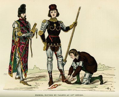 Costumes of prince, of his écuyer and his valet, in the 15th century. Colour engraving, in 