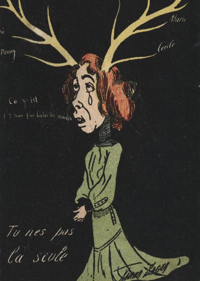 Crying woman with antlers by French School