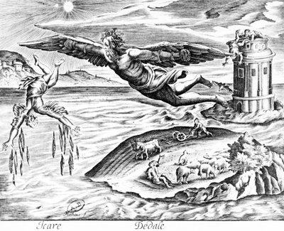 Daedalus escaping from Crete with his son, Icarus, sees him falling to his death, 1619 by French School