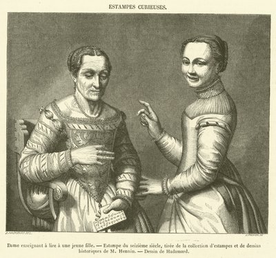 Lady Teaching a Young Girl to Read, Sixteenth Century Print (engraving) by French School